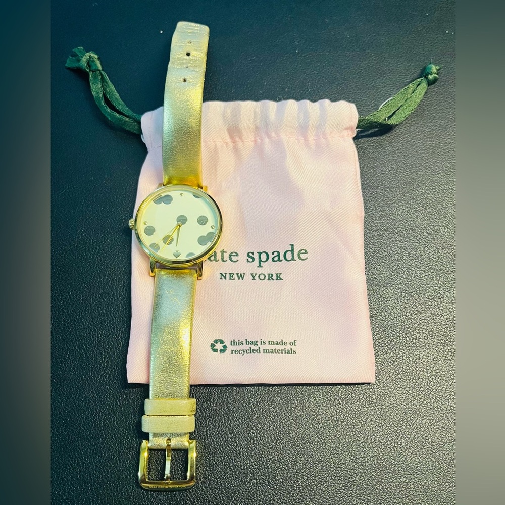 Kate Spade Gold and White Polka Dot Watch With Gold Leather Strap and Dustbag.